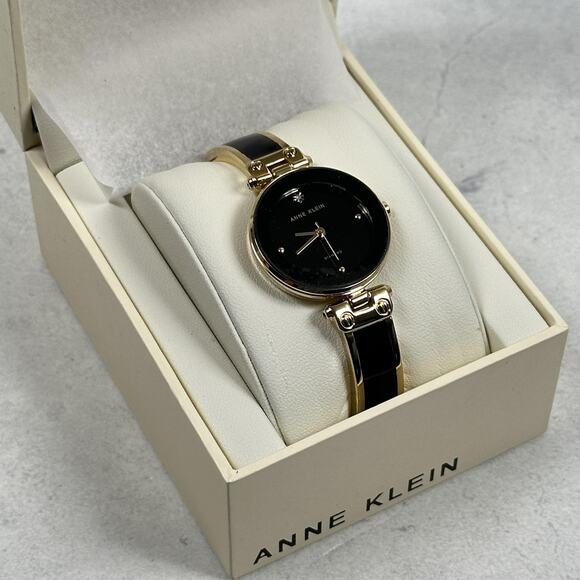 Anne Klein Watch Womens Black Dial Gold Tone Diamond New Battery Elegant Classic - Picture 1 of 10